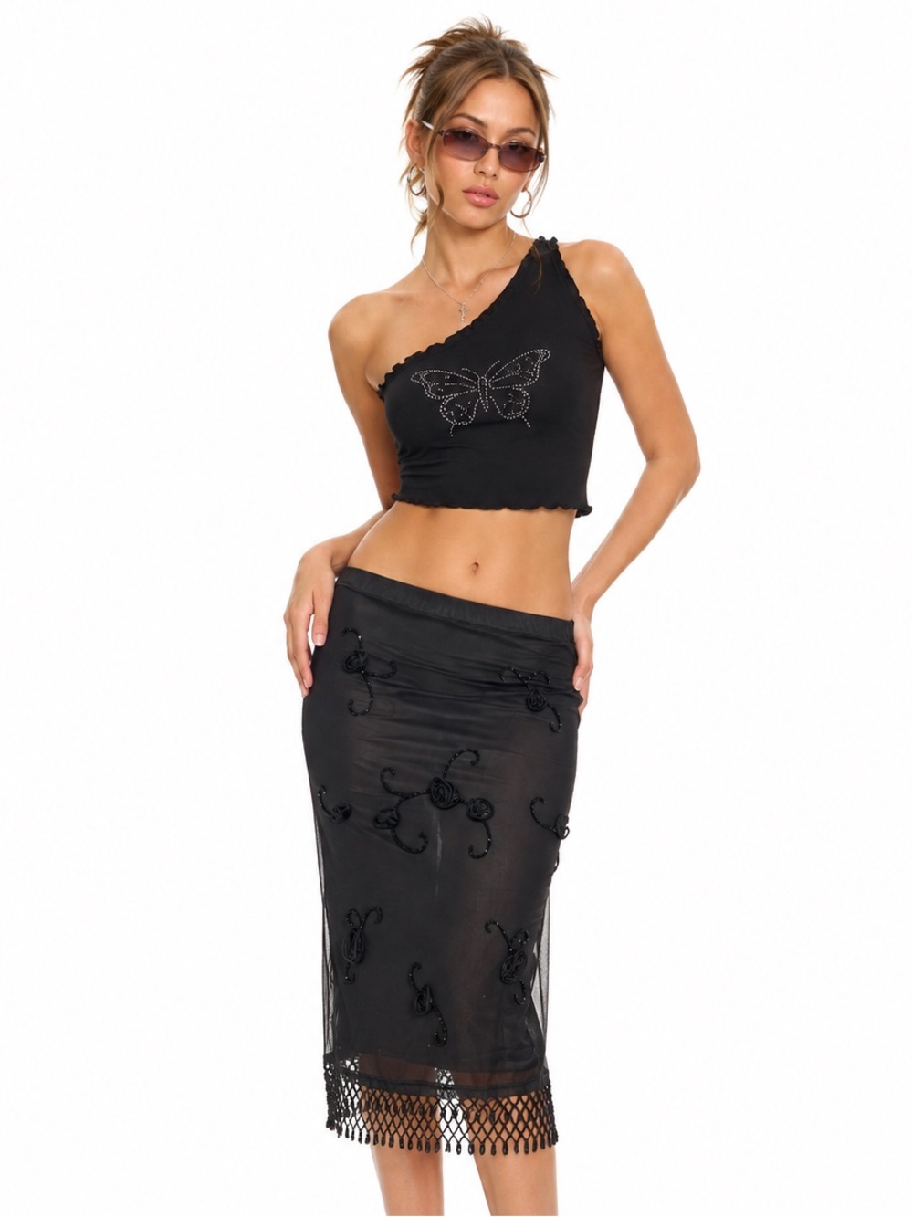 Whimsigoth Mesh Beaded Slip Skirt Y2K Rosette Feminine Timeless Fairycore Witchy